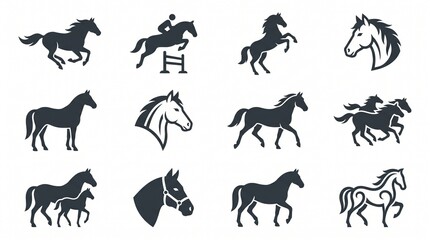 Obraz premium Black Horse Silhouettes Running and Galloping in Minimalist Icon Set