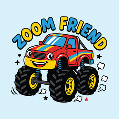 Cute cartoon monster truck with happy face and zoom friend text © MdAnisul