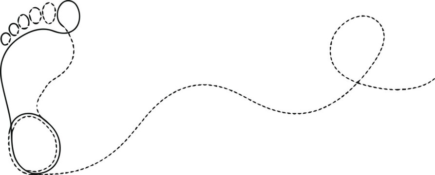 A minimalist black and white line art illustration featuring a single human footprint outline path