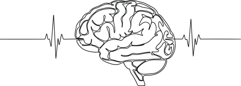 A continuous line drawing of a human brain integrated with a steady rhythmic heart rate monitor