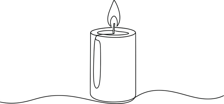 Minimalist continuous line drawing of a single burning candle isolated on a white background