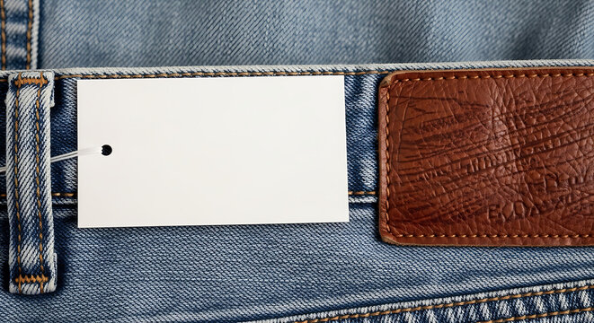 Blue denim jeans with blank white tag and brown leather patch 1
