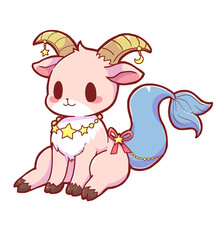 Fototapeta premium Authentic Hand Drawn Cute Capricorn Zodiac Sign Illustration – Kawaii Fantasy Sea Goat with Star Ribbon in Fairytale Astrology Style