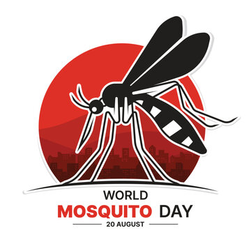 World mosquito day - Black mosquito stand on line curve in red circle with cityscape background vector design