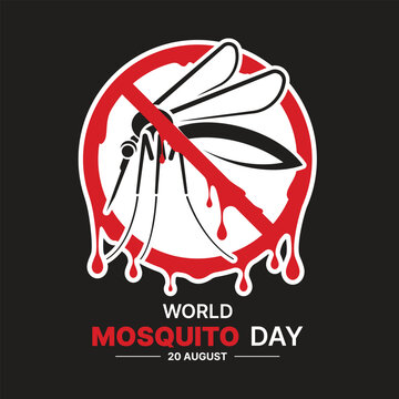 World mosquito day - Black mosquito symbol in red stop circle banner with drop blood on black background vector design