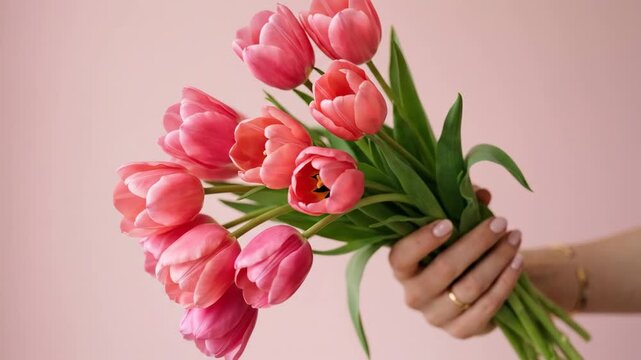 Hand holding pink tulips on a pink background, minimal floral composition with fresh spring blooms, elegant monochrome styling and modern botanical aesthetic for greeting, beauty or seasonal design