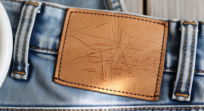 Close up of denim jeans with a tan leather patch