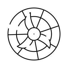 Obraz premium Minimalist circular line art icon of a symmetrical fanturbine with rotating blades inside a round frame, clean geometric design suggesting motion, energy, and technology