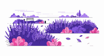 Obraz premium Stylized park scene with lavender bushes, benches, trees, and falling leaves