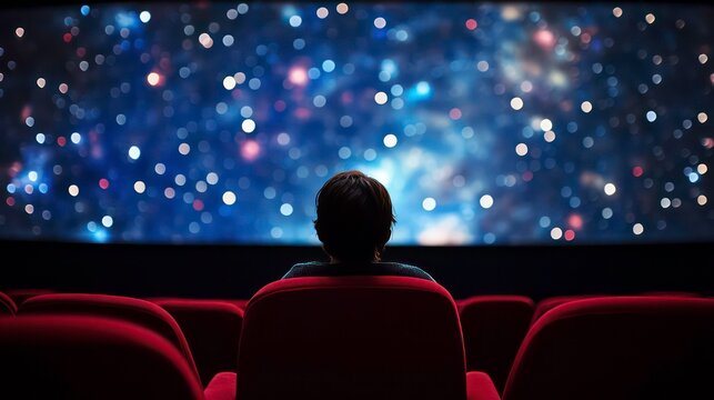 A single person sits in a red seat in a dark theater with a starry sky projected on the screen