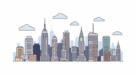 Obraz premium Stylized city skyline with tall buildings under a cloudy sky