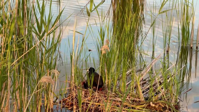 Eurasian coot on nest with chicks in a lake shore reedbed