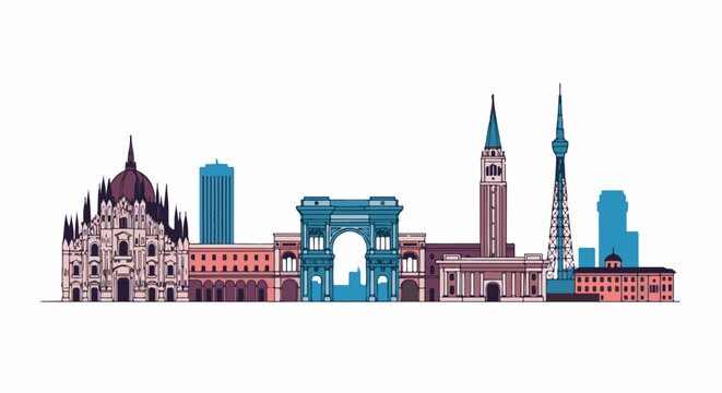 Stylized cityscape with iconic structures in various architectural styles