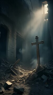 Cross Standing in Ruined Church with Light Rays Shifting