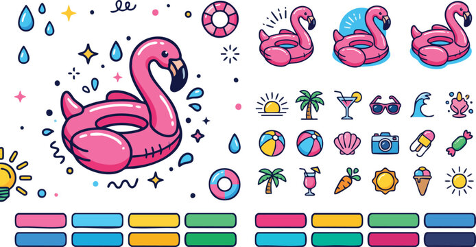 Summer Beach Holiday Icons and Pink Flamingo Floaty Vector Set