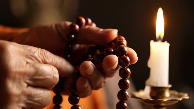 In a calm setting, aged hands gently handle prayer beads while a flickering candle casts warm light, fostering a serene atmosphere for meditation and reflection on life&rsquo;s meanings.