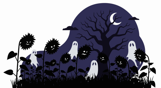 Spooky sunflowers and friendly ghosts gather under a creepy moonlit tree