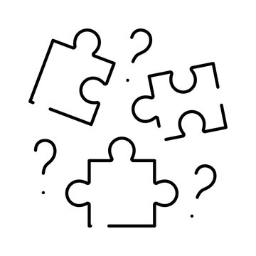 Puzzle pieces scattered with question marks symbolizing challenges, mystery, and strategy in finding solutions or understanding complex problems, representing the process of thinking and discovery