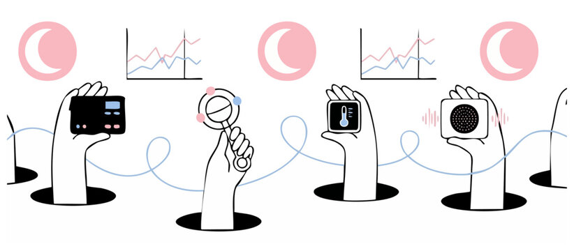 Baby sleep tracking monitor illustration showing hands holding smart nursery device technology, thermometer, rattle, and speaker with data charts for modern intelligent parenting concepts and tech.