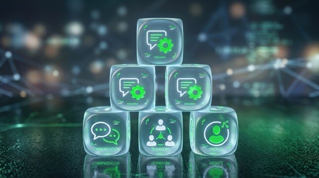 3d blocks with user profile icons stacked on reflective surface
