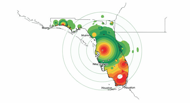 Florida hurricane impact zones with concentric rings and city markers