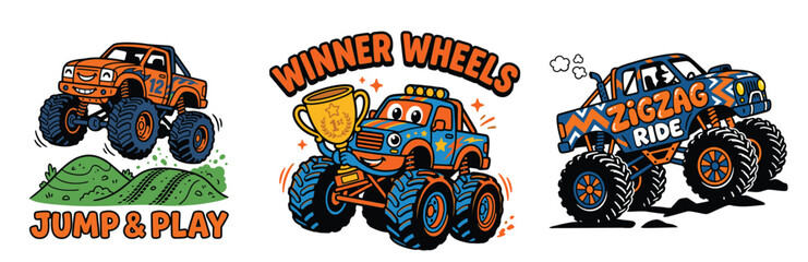 Cartoon monster truck set with colorful vehicles and fun typography © MdAnisul