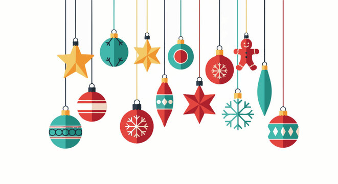 Assortment of festive hanging ornaments, including stars, baubles, and a gingerbread man