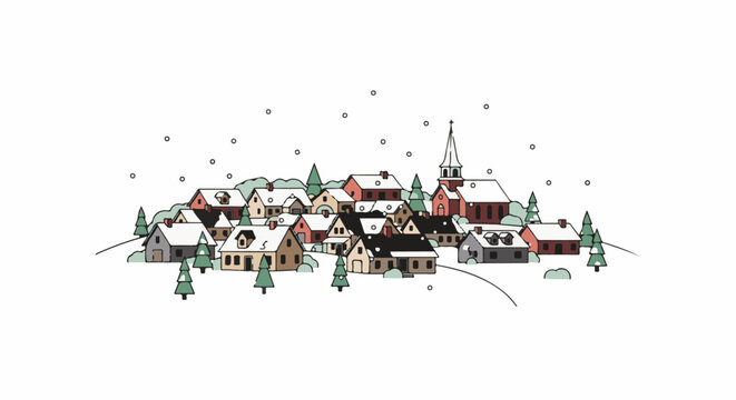 A quaint winter village scene with snow falling on rooftops and trees