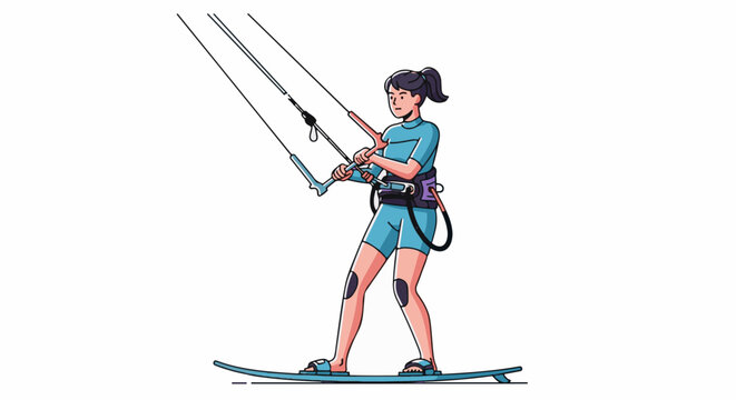 A woman in a blue wetsuit kitesurfs on a blue board