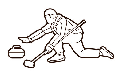 Fototapeta premium Outline Curling Sport Male Player Action Athletes Competing on Ice Rink Cartoon Graphic Vector
