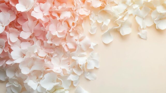 Soft flower petals are spread across a light surface in a simple way. The colors blend gently, creating a focus on the texture and shapes of the petals