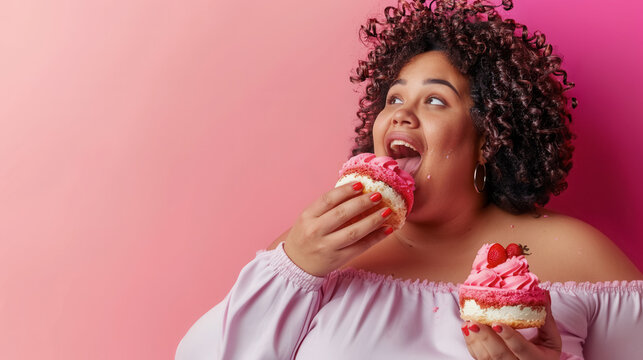 Cheerful curvy woman enjoying creamy pink dessert in playful colorful studio portrait