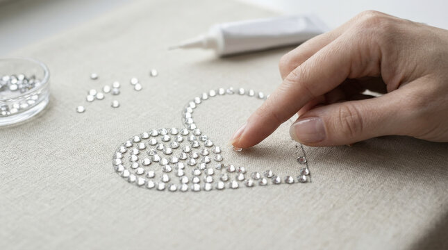Woman's hand meticulously places sparkling rhinestones to form a heart design on fabric, showcasing DIY bedazzling.