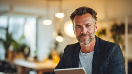 Obraz premium A confident man in a modern workspace holds a tablet. The room is bright and stylish, with plants and soft lighting, creating a relaxed atmosphere for productivity. AI