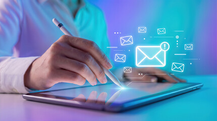 Fototapeta premium Person using stylus on tablet with email envelope icons and notification alerts floating above the screen. Digital communication, online messaging, business correspondence, and marketing newsletter