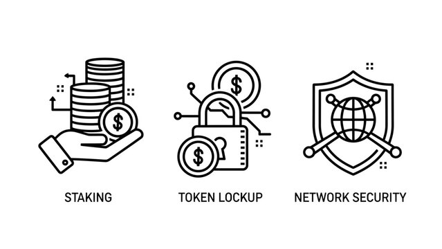 Staking token lookup network security icons with security cryptocurrency blockchain technology internet protection authorization authentication encryption investment exchange connection
