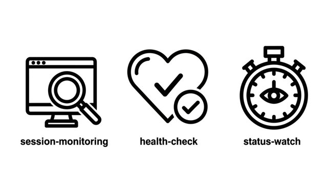 Website monitoring health check status watch icons with magnifying glass monitoring computer stopwatch analysis performance tracking dashboard analytics internet technology business