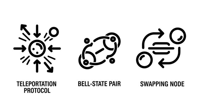 Icons representing quantum physics concepts: teleportation protocol bell state pair swapping node with quantum computing vector graphic teleportation protocol swapping technology communication