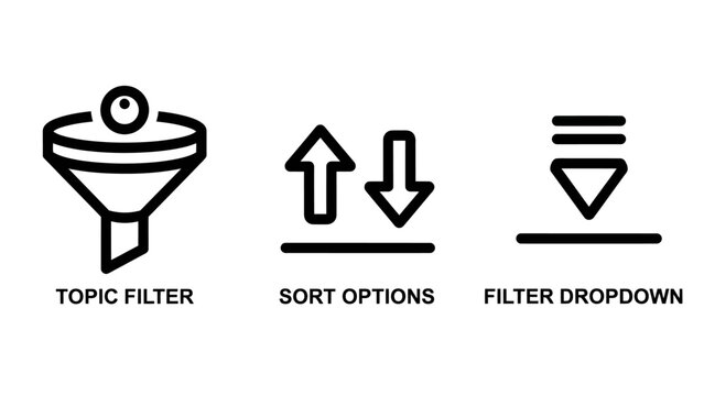 Icons for topic filter sort options with up and down arrows filter dropdown menu filter out search results sorting algorithm dropdown selection interface organize categorize classify