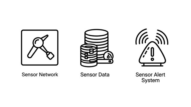 Sensor technology icons: network data alert system with internet of things line art technology wireless connection hardware software database information exclamation triangle security