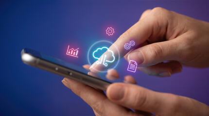 Obraz premium Finger touching smartphone screen with glowing cloud computing interface. Mobile technology for data storage, upload and download. Digital network communication, online software service and business