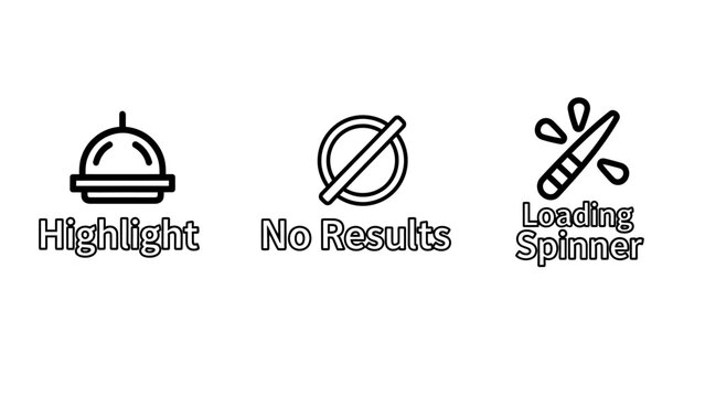 Three icons representing user interface elements: highlight no results loading spinner with no results loading icon highlight no results interface circular information minimalist collection