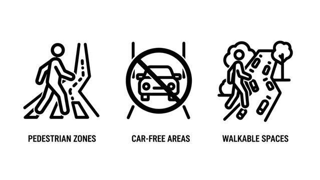 Urban mobility icons: pedestrian zones car-free areas walkable spaces with no car zone sign no parking city planning public space pedestrian walkable illustration transport mobility sidewalk