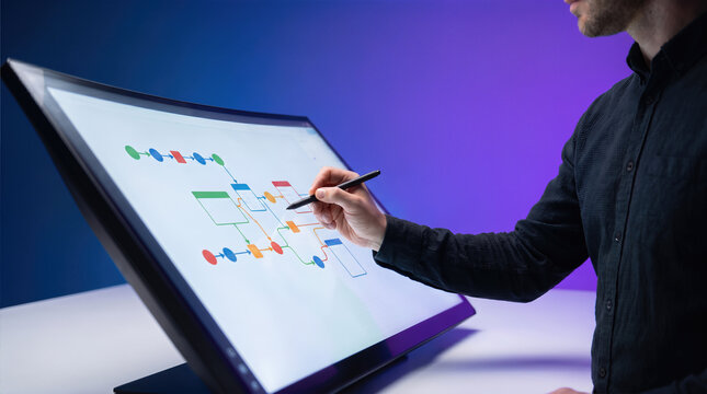 Professional draws a workflow flowchart diagram on interactive touchscreen display with a stylus pen. Business process mapping, project planning, and software development scheme on a modern digital
