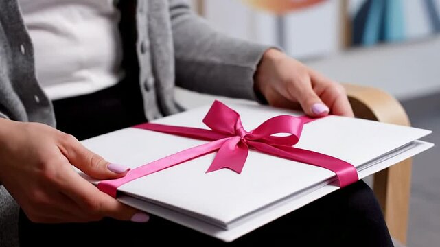 Warm Indoor Scene Featuring A Woman'S Hands Gently Touching A Beautifully Wrapped Gift With A Pink Ribbon In A Cozy Setting