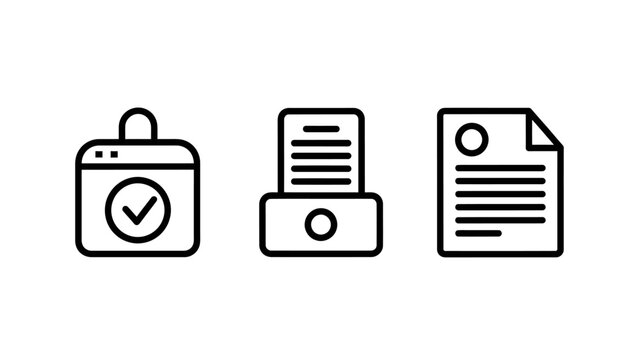 Set of three simple outline icons: a calendar with a checkmark a printer a document sheet with text and a circle calendar checkmark verified approved document collection minimalist