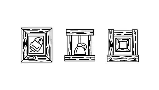 Vintage wooden crates with depicted contents like tools or hardware white background container shipping delivery transport illustration material equipment hardware contents minimalist
