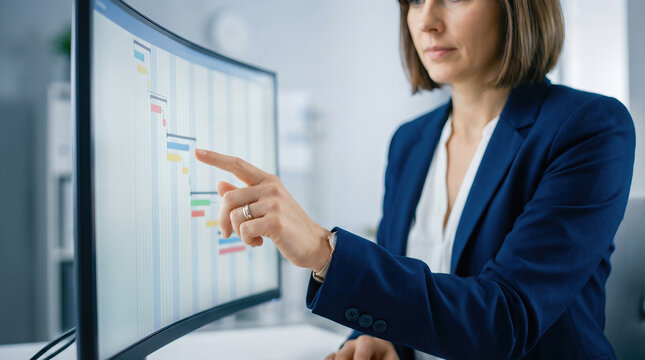 Businesswoman in formal attire points at a monitor screen displaying a project schedule and gantt chart. Corporate executive analyzes data, statistics, and timeline for strategy planning at modern