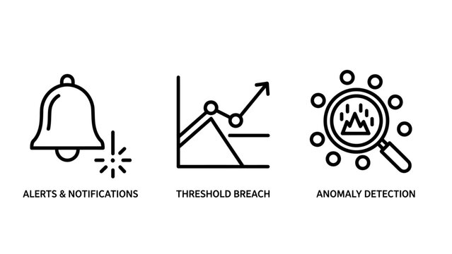 Alerts notifications threshold breach anomaly detection icons with line chart line art web design app icon notifications analytics statistics violation monitoring security alerting business
