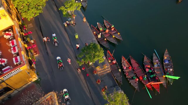 Aerial panoramic view of Hoi An city, Da Nang province, Vietnam. Panoramic footage of Hoian ancient town, UNESCO world heritage. One of the most travel popular touristic destinations 